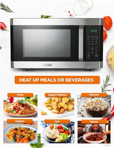 COMMERCIAL CHEF 1.6 Cubic Foot Microwave with 10 Power Levels, Small Microwave with Pull Handle Child Safety Lock, 1100 Watt Microwave with Digital Control Panels,Stainless Steel - My Kitchen Products