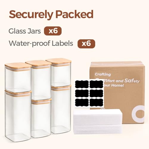 ComSaf Airtight Glass Storage Canister with Lids (0.7Qt/1.2Qt/1.6Qt) Set of 6, Food Storage Container Kitchen Pantry Storage Jar, Glass Jars for Flour Cereal Sugar Tea Coffee Beans Snacks, Square - My Kitchen Products