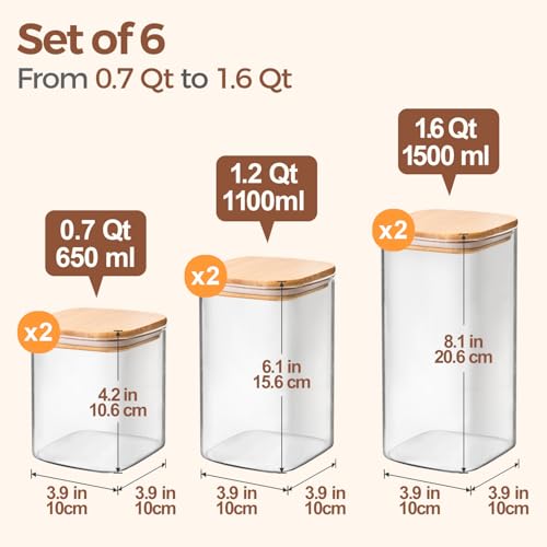 ComSaf Airtight Glass Storage Canister with Lids (0.7Qt/1.2Qt/1.6Qt) Set of 6, Food Storage Container Kitchen Pantry Storage Jar, Glass Jars for Flour Cereal Sugar Tea Coffee Beans Snacks, Square - My Kitchen Products