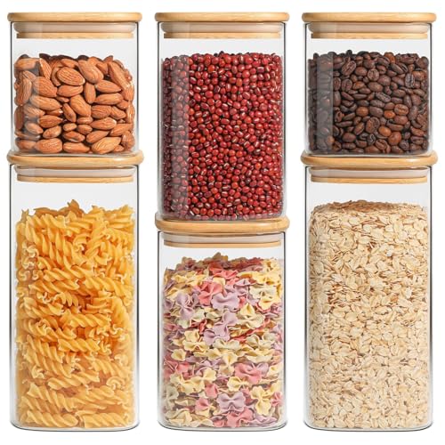 ComSaf Airtight Glass Storage Canister with Lids (0.7Qt/1.2Qt/1.6Qt) Set of 6, Food Storage Container Kitchen Pantry Storage Jar, Glass Jars for Flour Cereal Sugar Tea Coffee Beans Snacks, Square - My Kitchen Products