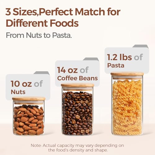 ComSaf Airtight Glass Storage Canister with Lids (0.7Qt/1.2Qt/1.6Qt) Set of 6, Food Storage Container Kitchen Pantry Storage Jar, Glass Jars for Flour Cereal Sugar Tea Coffee Beans Snacks, Square - My Kitchen Products