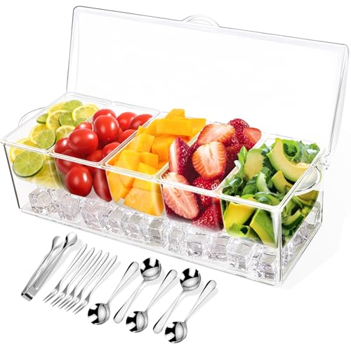 Condiment Tray with Stainless Steel 5 Spoons, 5 Forks and 1 Clip, Chilled Condiment Server, Condiment