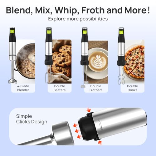 Consciot 4-in-1 Immersion Blender Handheld Max 1100W, Corded Stick Emulsifier with Entire Stainless Steel Blender Shaft, Trigger Speed Control, For Blending, Beating, Frothing, Mixing & More, Non-BPA - My Kitchen Products