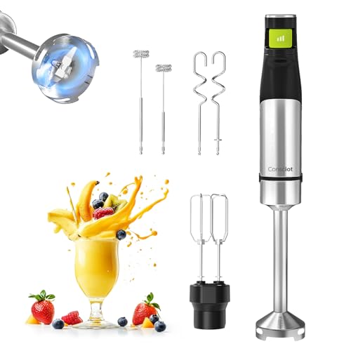 Consciot 4 in 1 Immersion Hand Blender Max 1100W, Corded Stick Emulsifier with Entire Stainless Steel Blender Shaft, Trigger Speed Control, For Blending, Beating, Frothing, Mixing & More, Non-BPA - My Kitchen Products