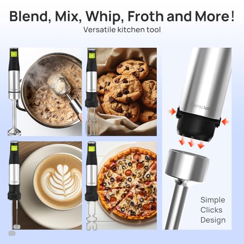 Consciot 4 in 1 Immersion Hand Blender Max 1100W, Corded Stick Emulsifier with Entire Stainless Steel Blender Shaft, Trigger Speed Control, For Blending, Beating, Frothing, Mixing & More, Non-BPA - My Kitchen Products