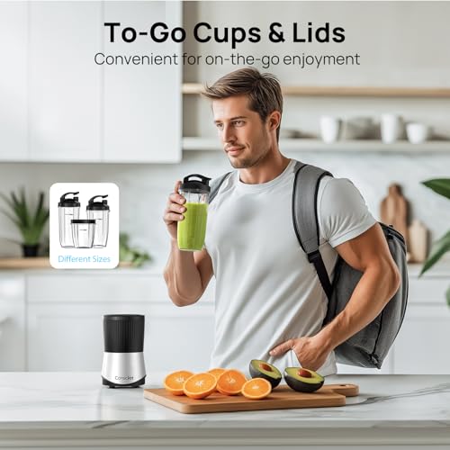 Consciot CB08 11-Piece Blender for Kitchen and Personal Size, Blend Shakes and Smoothies, Frozen Drinks, Baby Food, Spreads & More, 3 Portable To-Go Cups & 2 Spout Lids & 1 Solid Lid, 900 Peak Watts - My Kitchen Products