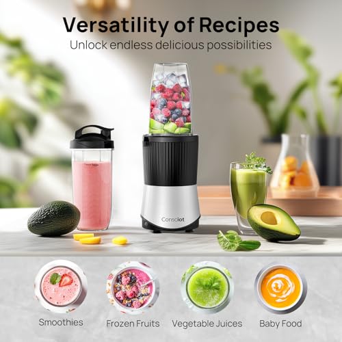 Consciot CB08 11-Piece Blender for Kitchen and Personal Size, Blend Shakes and Smoothies, Frozen Drinks, Baby Food, Spreads & More, 3 Portable To-Go Cups & 2 Spout Lids & 1 Solid Lid, 900 Peak Watts - My Kitchen Products