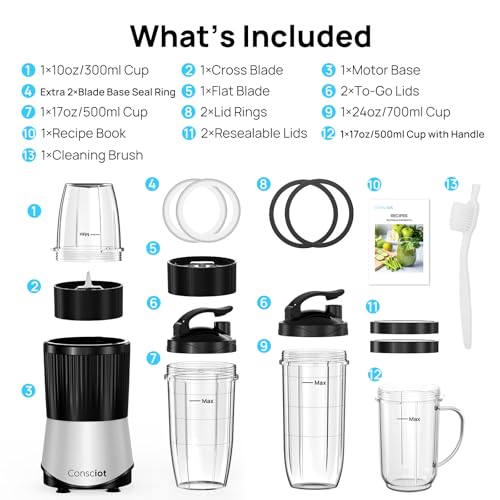 Consciot CB08 16-Piece Blender & Grinder Combo for Kitchen and Personal Size, Blend Shakes and Smoothies, Frozen Drinks, Baby Food, Spreads & More, 4 BPA-Free Portable To-Go Cups, 900 Peak Watts - My Kitchen Products