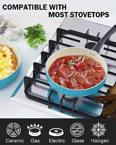 Cook N Home Basics Ceramic Nonstick Pots and Pans Cookware Set, Dutch Ovens and Saucepans with Glass Lid, Frying Pans without Lid, Not Induction, 10-Piece, Turquoise - My Kitchen Products
