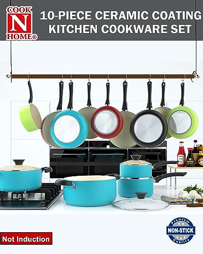 Cook N Home Basics Ceramic Nonstick Pots and Pans Cookware Set, Dutch Ovens and Saucepans with Glass Lid, Frying Pans without Lid, Not Induction, 10-Piece, Turquoise - My Kitchen Products