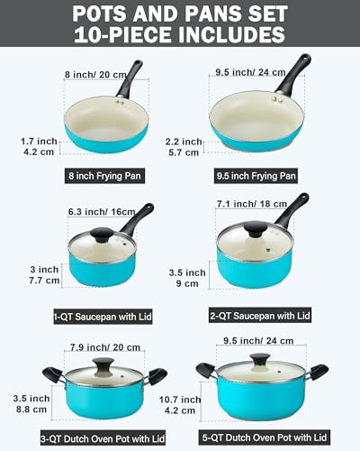 Cook N Home Basics Ceramic Nonstick Pots and Pans Cookware Set, Dutch Ovens and Saucepans with Glass Lid, Frying Pans without Lid, Not Induction, 10-Piece, Turquoise - My Kitchen Products