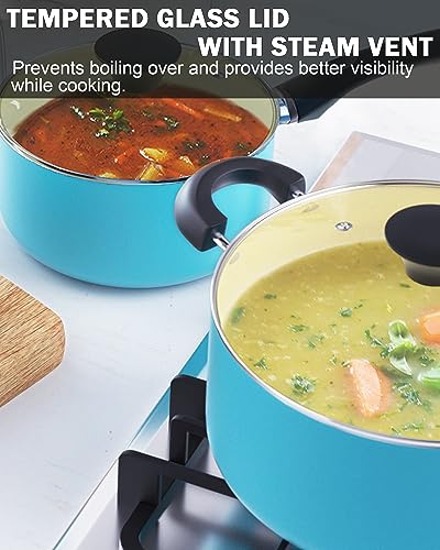 Cook N Home Basics Ceramic Nonstick Pots and Pans Cookware Set, Dutch Ovens and Saucepans with Glass Lid, Frying Pans without Lid, Not Induction, 10-Piece, Turquoise - My Kitchen Products