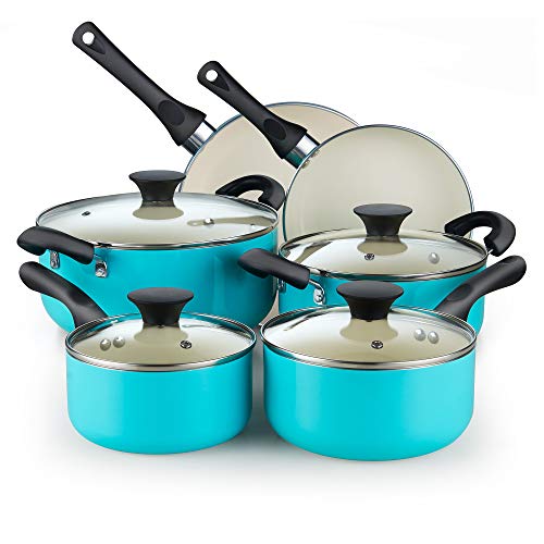 Cook N Home Basics Ceramic Nonstick Pots and Pans Cookware Set, Dutch Ovens and Saucepans with Glass Lid, Frying Pans without Lid, Not Induction, 10-Piece, Turquoise - My Kitchen Products