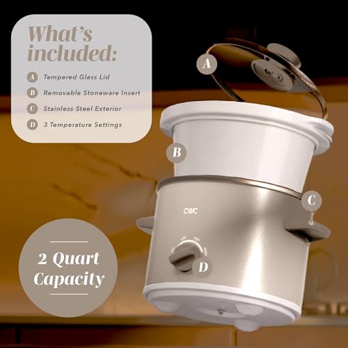 COOK WITH COLOR 2QT Mini Electric Round Slow Cooker - Adjustable Settings, Removable Stoneware Pot, Tempered Glass Lid, Dishwasher Safe, Cool-Touch Side Handles, Sand - My Kitchen Products