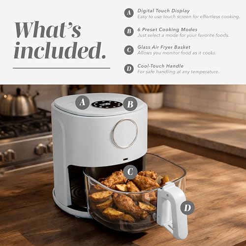COOK WITH COLOR Colorful 1200W 4Qt Air Fryer: Glass Basket, Dishwasher Safe, 60min Timer, 6 Presets, Temp Control 175F-400F, 4 QT, Linen White - My Kitchen Products