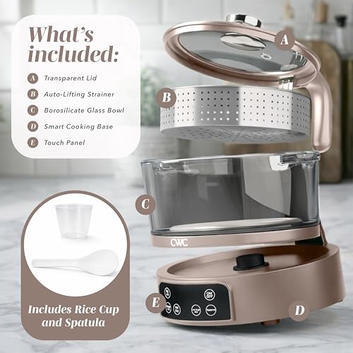 COOK WITH COLOR Glass Mini Low Carb Rice Cooker – Holds 2 Cups Raw/Makes 6 Cups Cooked with Auto Lift Filter Basket, Hotpot & Steamer for Rice, Grains, Digital Panel with Keep Warm, Goat/Mink - My Kitchen Products