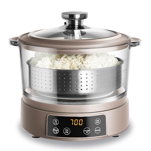 COOK WITH COLOR Glass Mini Low Carb Rice Cooker – Holds 2 Cups Raw/Makes 6 Cups Cooked with Auto Lift Filter Basket, Hotpot & Steamer for Rice, Grains, Digital Panel with Keep Warm, Goat/Mink - My Kitchen Products