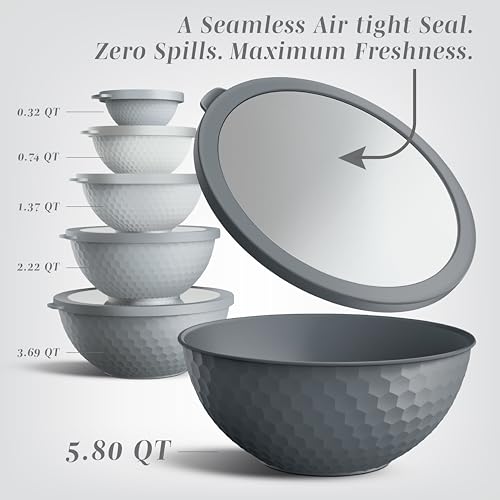 COOK WITH COLOR Mixing Bowls with Lids - 12 Piece Plastic Nesting Bowls Set includes 6 Prep Bowls and 6 Lids, Microwave Safe Mixing Bowl Set, Grey Embossed - My Kitchen Products
