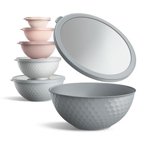 COOK WITH COLOR Mixing Bowls with Lids - 12 Piece Plastic Nesting Bowls Set includes 6 Prep Bowls and 6 Lids, Microwave Safe Mixing Bowl Set, Pink Embossed - My Kitchen Products