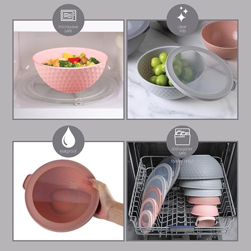 COOK WITH COLOR Mixing Bowls with Lids - 12 Piece Plastic Nesting Bowls Set includes 6 Prep Bowls and 6 Lids, Microwave Safe Mixing Bowl Set, Pink Embossed - My Kitchen Products