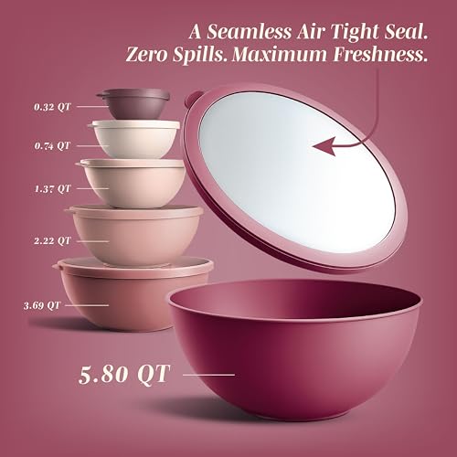 COOK WITH COLOR Mixing Bowls with Lids - 12 Piece Plastic Nesting Bowls Set includes 6 Prep Bowls and 6 Lids, Microwave Safe Mixing Bowl Set, Rose TPR Lid - My Kitchen Products