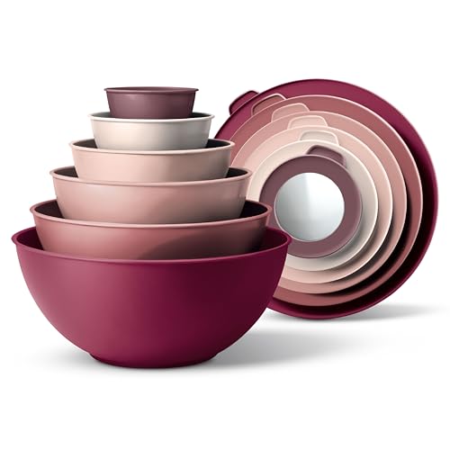 COOK WITH COLOR Mixing Bowls with Lids - 12 Piece Plastic Nesting Bowls Set includes 6 Prep Bowls and 6 Lids, Microwave Safe Mixing Bowl Set, Rose TPR Lid - My Kitchen Products