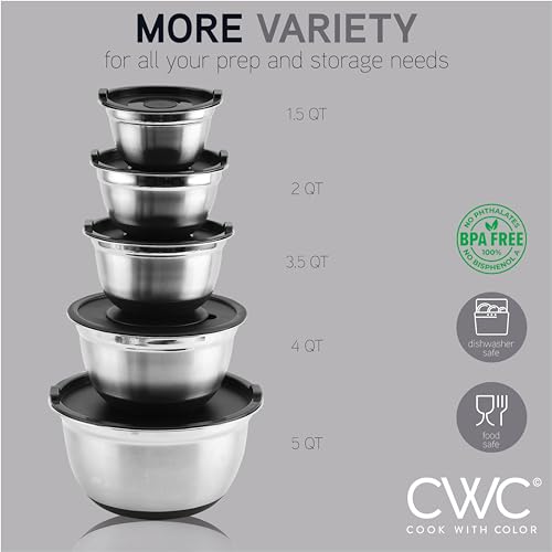 COOK WITH COLOR Stainless Steel Mixing Bowls Set with Lids - Nesting Bowls with Non-Slip Bottom, Silver, 14 Pieces - My Kitchen Products