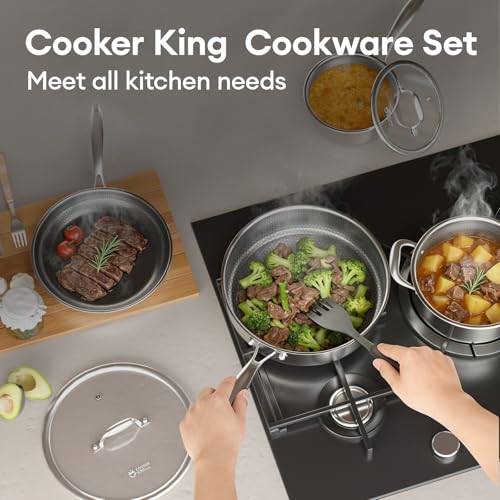 COOKER KING Non Stick Pots and Pans Set, 10pcs Hybrid Stainless Steel Cookware Set, Frying Pans, Saucepans, Saute Pan & Stock Pot, Non Toxic, Oven & Dishwasher Safe, Induction & All Cooktop Compatible - My Kitchen Products