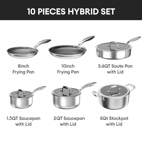 COOKER KING Non Stick Pots and Pans Set, 10pcs Hybrid Stainless Steel Cookware Set, Frying Pans, Saucepans, Saute Pan & Stock Pot, Non Toxic, Oven & Dishwasher Safe, Induction & All Cooktop Compatible - My Kitchen Products