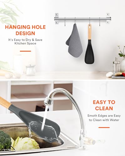 Cooking Spoon for Nonstick Cookwares, Great for Cooking and Serving Sturdy BPA-Free Matte Silicone, Wood Handle Spoon for Mixing, Scoop, and Scrape (Black & Grey, 11.4 inch) - My Kitchen Products