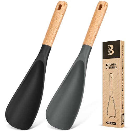 Cooking Spoon for Nonstick Cookwares, Great for Cooking and Serving Sturdy BPA-Free Matte Silicone, Wood Handle Spoon for Mixing, Scoop, and Scrape (Black & Grey, 11.4 inch) - My Kitchen Products