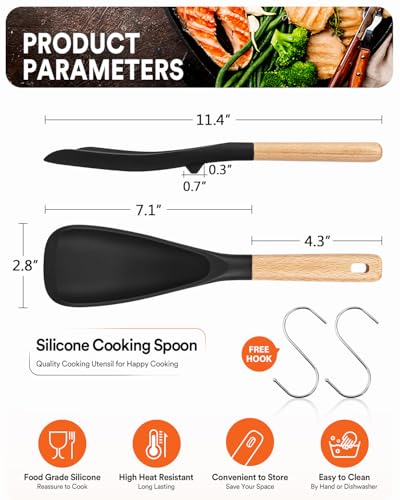 Cooking Spoon for Nonstick Cookwares, Great for Cooking and Serving Sturdy BPA-Free Matte Silicone, Wood Handle Spoon for Mixing, Scoop, and Scrape (Black & Grey, 11.4 inch) - My Kitchen Products