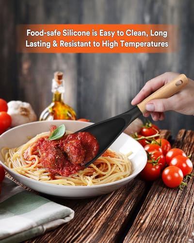 Cooking Spoon for Nonstick Cookwares, Great for Cooking and Serving Sturdy BPA-Free Matte Silicone, Wood Handle Spoon for Mixing, Scoop, and Scrape (Black & Grey, 11.4 inch) - My Kitchen Products