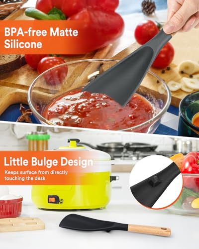 Cooking Spoon for Nonstick Cookwares, Great for Cooking and Serving Sturdy BPA-Free Matte Silicone, Wood Handle Spoon for Mixing, Scoop, and Scrape (Black & Grey, 11.4 inch) - My Kitchen Products