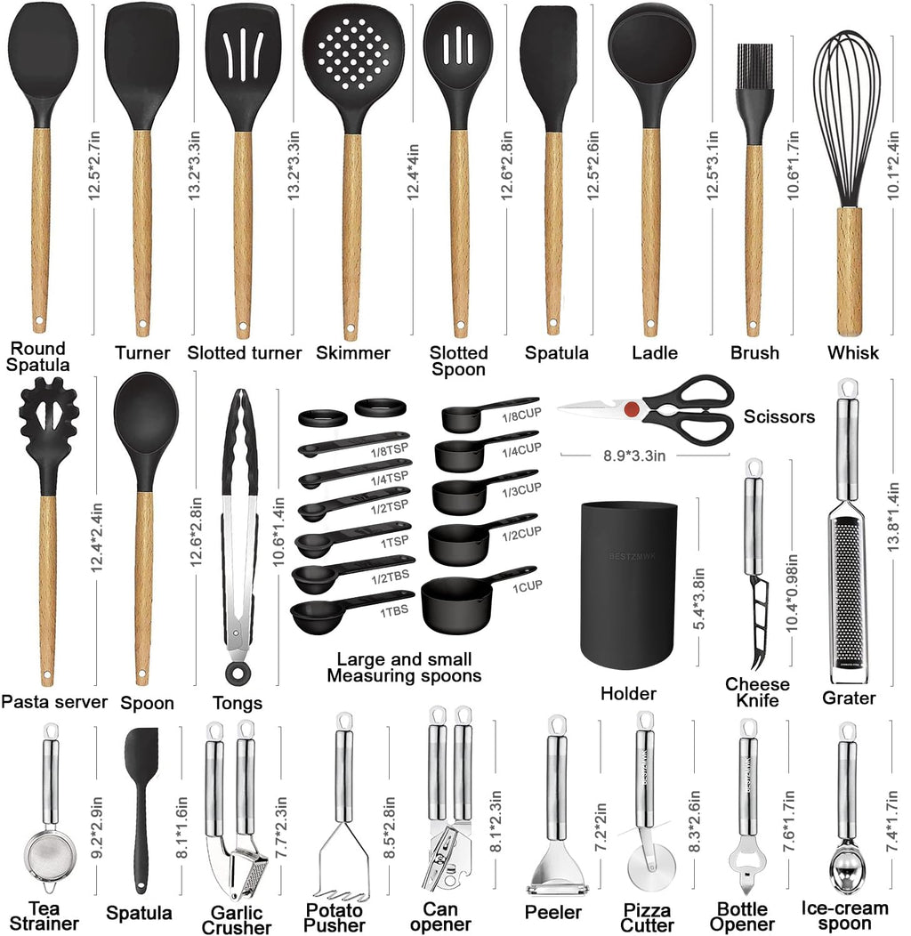 Cooking Utensils Set- 35 PCs Kitchen Utensils with Grater,Tongs, Spoon Spatula &Turner Made of Heat Resistant Food Grade Silicone and Wooden Handles Kitchen Gadgets Tools Set for Nonstick Cookware - My Kitchen Products