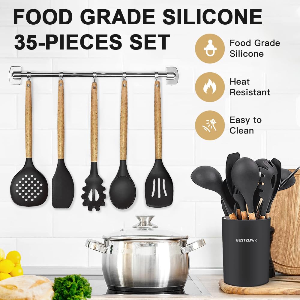 Cooking Utensils Set- 35 PCs Kitchen Utensils with Grater,Tongs, Spoon Spatula &Turner Made of Heat Resistant Food Grade Silicone and Wooden Handles Kitchen Gadgets Tools Set for Nonstick Cookware - My Kitchen Products