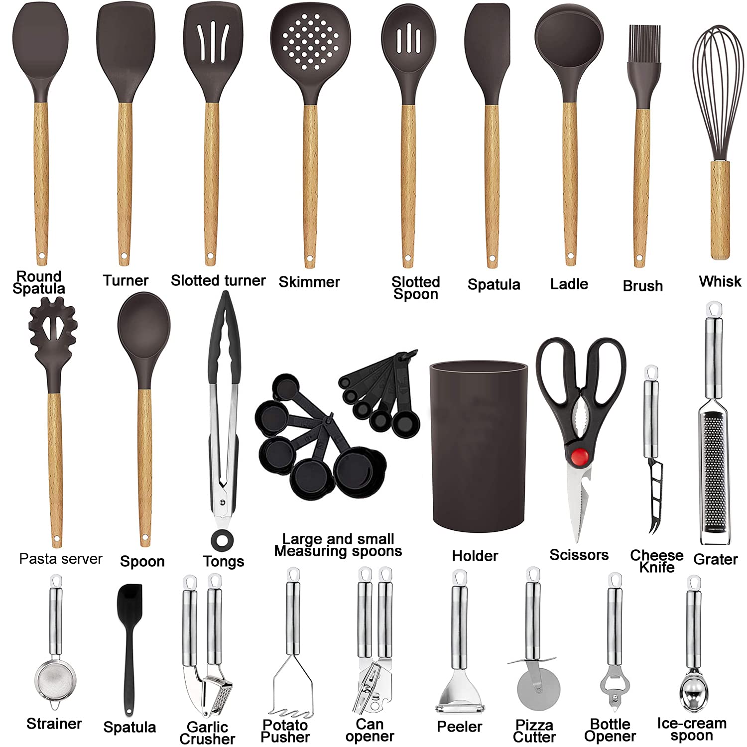 Cooking Utensils Set- 35 PCs Kitchen Utensils with Grater,Tongs, Spoon Spatula &Turner Made of Heat Resistant Food Grade Silicone and Wooden Handles Kitchen Gadgets Tools Set for Cookware - My Kitchen Products