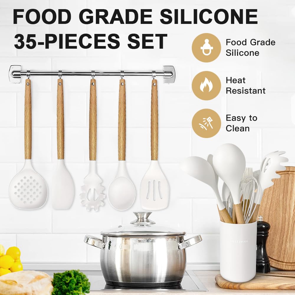 Cooking Utensils Set- 35 PCs Kitchen Utensils with Grater,Tongs, Spoon Spatula &Turner Made of Heat Resistant Food Grade Silicone and Wooden Handles Kitchen Gadgets Tools Set for Cookware - My Kitchen Products