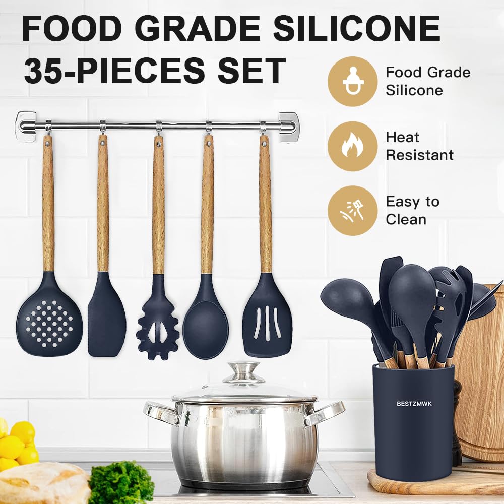 Cooking Utensils Set- 35 PCs Kitchen Utensils with Grater,Tongs, Spoon Spatula &Turner Made of Heat Resistant Food Grade Silicone and Wooden Handles Kitchen Gadgets Tools Set for Cookware - My Kitchen Products