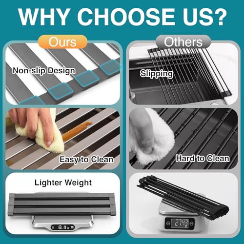 COOL-ANGLE Aluminum Roll Up Dish Drying Rack Over The Sink, 17.7" x 13.4" Rust-Proof Foldable Dish Drainer Mat, Heat Resistant Trivet & Kitchen Sink Cover, Fits Sinks up to 16.8" Wide, Matte Gray - My Kitchen Products