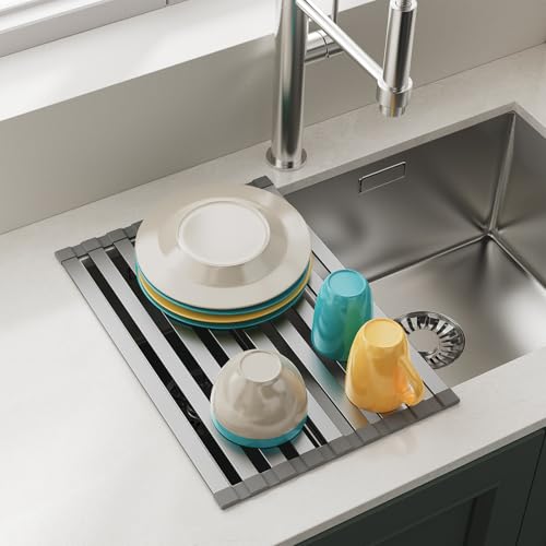 COOL-ANGLE Aluminum Roll Up Dish Drying Rack Over The Sink, 17.7" x 13.4" Rust-Proof Foldable Dish Drainer Mat, Heat Resistant Trivet & Kitchen Sink Cover, Fits Sinks up to 16.8" Wide, Matte Gray - My Kitchen Products