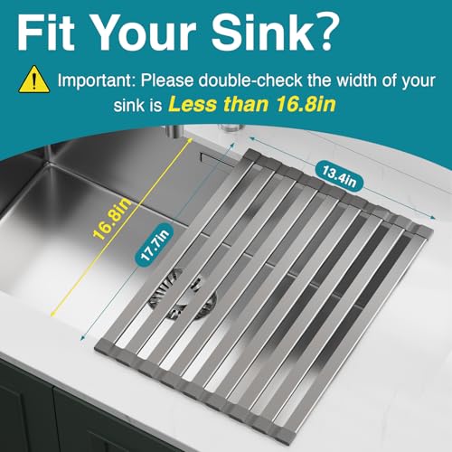 COOL-ANGLE Aluminum Roll Up Dish Drying Rack Over The Sink, 17.7" x 13.4" Rust-Proof Foldable Dish Drainer Mat, Heat Resistant Trivet & Kitchen Sink Cover, Fits Sinks up to 16.8" Wide, Matte Gray - My Kitchen Products