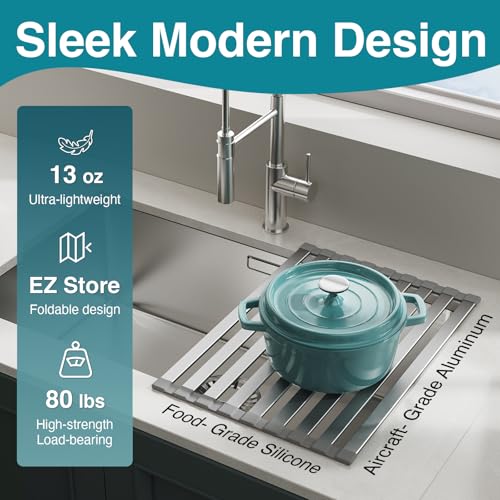 COOL-ANGLE Aluminum Roll Up Dish Drying Rack Over The Sink, 17.7" x 13.4" Rust-Proof Foldable Dish Drainer Mat, Heat Resistant Trivet & Kitchen Sink Cover, Fits Sinks up to 16.8" Wide, Matte Gray - My Kitchen Products