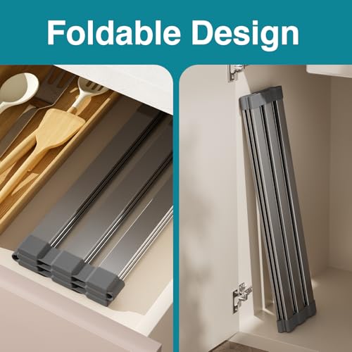 COOL-ANGLE Aluminum Roll Up Dish Drying Rack Over The Sink, 17.7" x 13.4" Rust-Proof Foldable Dish Drainer Mat, Heat Resistant Trivet & Kitchen Sink Cover, Fits Sinks up to 16.8" Wide, Matte Gray - My Kitchen Products