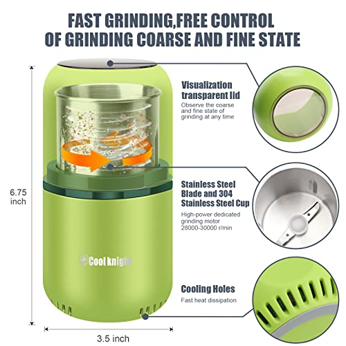 COOL KNIGHT Herb Grinder [large capacity/fast/Electric ]-Spice Herb Coffee Grinder with Pollen Catcher/- 7.5" (Green) - My Kitchen Products