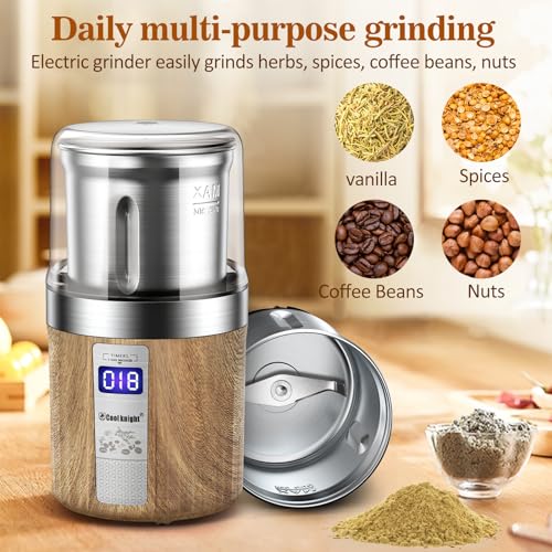 COOL KNIGHT Herb Grinder, Spice Grinder, Electric Grinder with Timer, 304 Stainless Steel Blades and Removable Stainless Steel Bowl, Large Capacity for Quick Grinding of Spices,Herbs,Coffee Beans,etc - My Kitchen Products