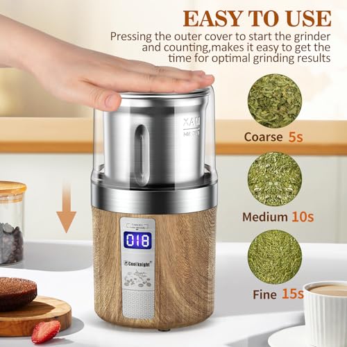 COOL KNIGHT Herb Grinder, Spice Grinder, Electric Grinder with Timer, 304 Stainless Steel Blades and Removable Stainless Steel Bowl, Large Capacity for Quick Grinding of Spices,Herbs,Coffee Beans,etc - My Kitchen Products