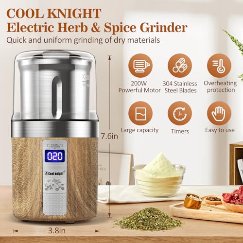 COOL KNIGHT Herb Grinder, Spice Grinder, Electric Grinder with Timer, 304 Stainless Steel Blades and Removable Stainless Steel Bowl, Large Capacity for Quick Grinding of Spices,Herbs,Coffee Beans,etc - My Kitchen Products
