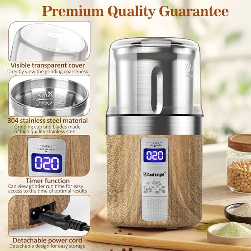COOL KNIGHT Herb Grinder, Spice Grinder, Electric Grinder with Timer, 304 Stainless Steel Blades and Removable Stainless Steel Bowl, Large Capacity for Quick Grinding of Spices,Herbs,Coffee Beans,etc - My Kitchen Products
