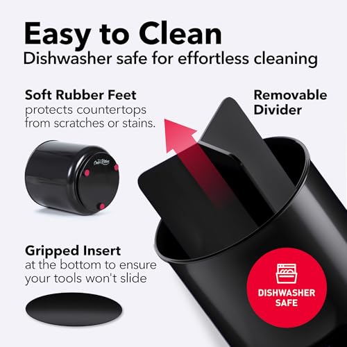 Cooler Kitchen Jumbo Extra Large Sturdy Rotating Black Utensil Holder Caddy with No-Tip Weighted Base, and Gripped Insert - Rust Proof and Dishwasher Safe Kitchen Utensils Holder - My Kitchen Products